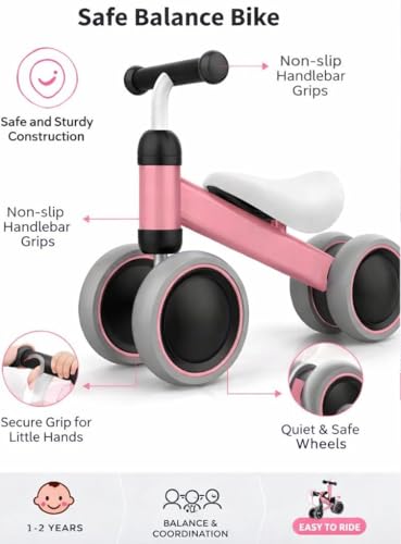 Image of Push Ride on Car for Kids Baby Balance Bike for 1-2 Years Boys Girls, First Birthday Gift, 4 Wheel Toddler No Pedal Training Bike Indoor Outdoor Walker Baby Scooter Lightweight(Pink)