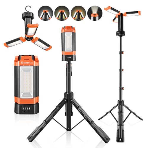 SakerPlus Portable Camping Light with Stand, 20000mAh Outdoor Work Light 800-3200 Lumen, 6.1ft Height with Detachable Tripod, 3300-6500K Dimmable LED, Camping Essentials Gear Emergency Flashlight