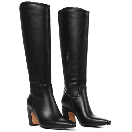 Oiamenne Knee High Boots for Women Soft Square Toe Chunky Heel Tall Boots Comfortable Wide Calf Long Boots with Side Zipper,Black Size 8.5