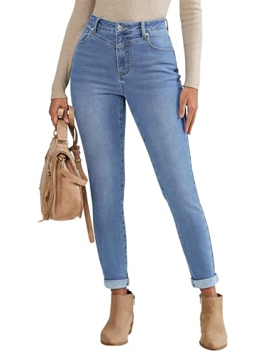 luvamia Skinny Jeans for Women Thin Fleece Lined Womens High Waisted Jeans Front Yoke Womens Ankle Pants Winter Leggings for Women Jeggings Tummy Control Powder Blue Size Medium US 8 to 10