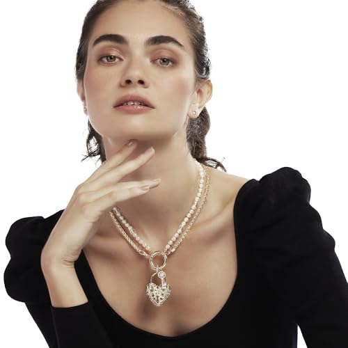 JTV Gold Tone Heart Lock & Key Necklace for Women – White Crystal & Pearl Simulant Pendant with Interchangeable Chains – Elegant Jewelry Gift Box Included2