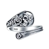 JZSANTI Sterling-Silver Skull Spoon Ring - Gothic Skull Adjustable Ring Rose Flower Statement Ring Boho Victorian Vintage Thumb Rings Skull Halloween Jewelry Gifts for Women