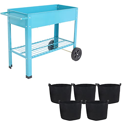 Sunnydaze 43-Inch Blue Galvanized Steel Raised Garden Bed With Handlebar And Wheels And Black 5-Pack 10-Gallon 300 Gsm Non-Woven Polypropylene Felt Garden Grow Bags Bundle #TOP15