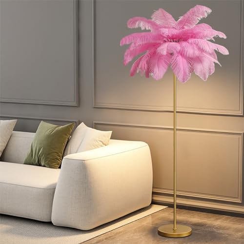 Lámpara de pie LED pluma rosa con acabado dorado para salón