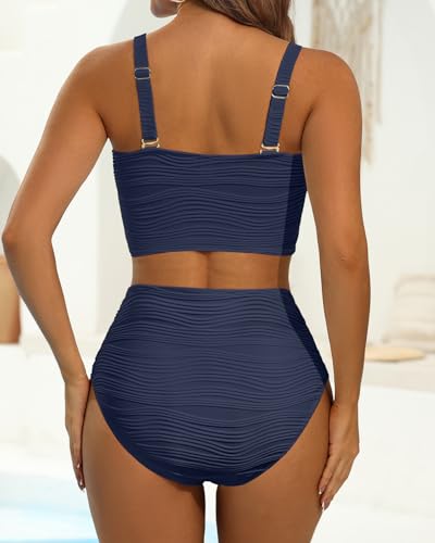 Image of High Waisted Bandeau Bikini Set - Women Strapless Two Piece Swimsuits Ribbed Longline Full Coverage Bathing Suits Swimwear