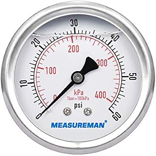 Measureman 2-1/2" Dial Size, Glycerin Filled Pressure Gauge, 0-100psi/kpa, 304 Stainless Steel Case, 1/4"NPT Lower Mount