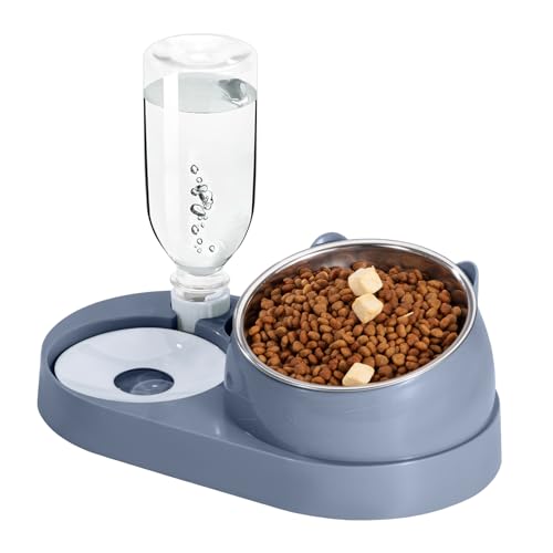 Ciotola Gatti Rialzata 2 In 1 Ciotola Acqua Gatto Ciotole per Cani Rialzate 15°Inclinate Ciotole Dispenser Acqua Gatti Automatico per Cibo Umido-Secco Gatti e Cuccioli Blu