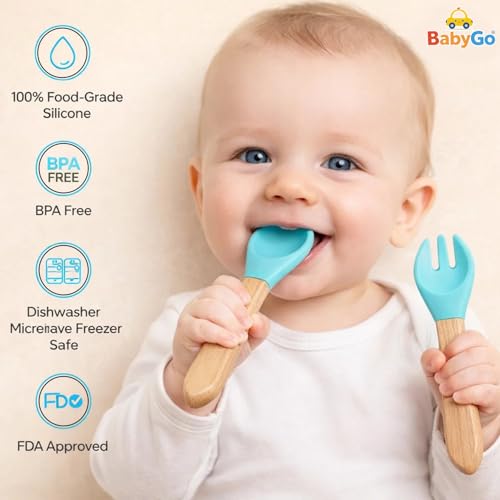 Image of BabyGo Silicone Suction Plate with Spoon for Babies | Microwave, Dishwasher & Freezer Safe | Unbreakable Feeding Plate with 4 Suction Cups for Babies & Toddlers | BPA-Free (Light Blue)