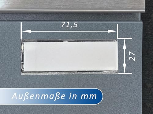 AMAAZU Namensschild Abdeckung für Briefkasten, Stanzmaß 70 x 24,4 mm, transparent, austauschbarer Papiereinleger, Namensschild Briefkasten auch für Modelle andere Hersteller, Größe 71,5 x 27 mm