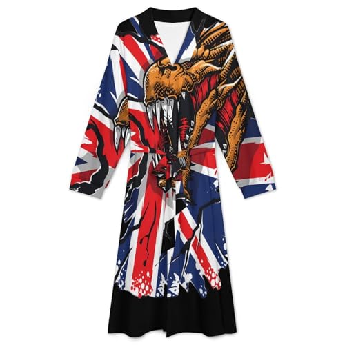 Dragon Grunge England Flag Soft Robe Long Sleeve Bathrobes V Neck Sleepwear Spa Robes with Belt Men Woman3