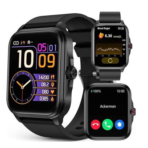 Reloj Medidor 𝐆𝐥𝐮𝐜𝐨𝐬𝐚, Reloj Inteligente 𝐆𝐥𝐮𝐜𝐨𝐬𝐚𝐞𝐧𝐒𝐚𝐧𝐠𝐫𝐞 con Llamada, Reloj Tension Arterial Mide 𝐆𝐥𝐮𝐜𝐨𝐬𝐚 Pulsómetro Y Monitor De Sueño para Hombres Y Mujeres(Color:Black)