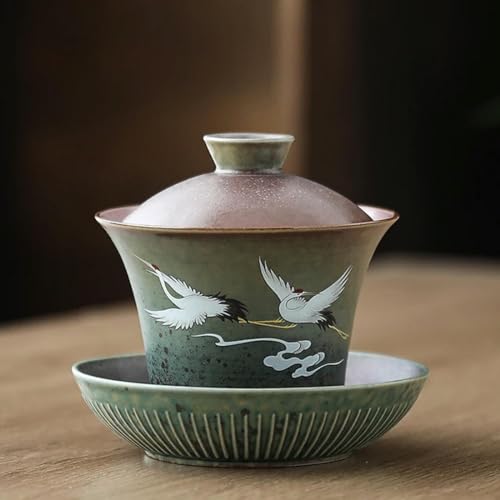 QQLADY Ciotola con coperchio brillante dipinta a mano Scodella grande in ceramica retrò antiscottatura con coperchio Ciotola da tè singola Gaiwan