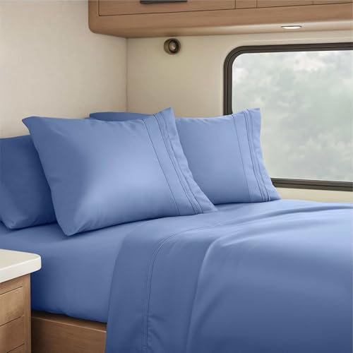 Image of Nestl Steel Blue Short Queen Sheets for RV, Hotel Luxury RV Queen Sheets Set, 4 Piece Fitted Bed Sheet Set and Pillowcases, Super Soft, Wrinkle-Free, and Breathable Camper Bedding