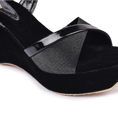 Image of Action Women's Suede Platform Sandals| Stiletto Heel| Open Toe with Ankle Strap Black