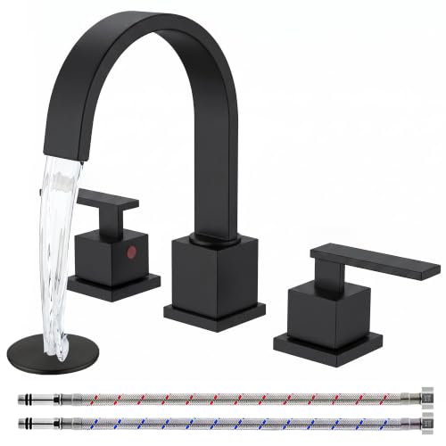 KINGO HOME Matte Black Bathroom Faucet, Black Faucet Bathroom 3 Hole 8inch Widespread Waterfall 2 Handle Black Faucets Bathroom Sink Vanity Faucet with Pop Up Drain and Supply Lines