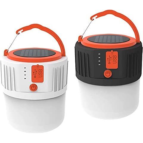 2 Pack Solar Camping Light, LED USB Rechargeable Tent Lamp, Waterproof 5 Modes Outdoor Lantern for Hiking, Camping, Fishing, Hunting, Emergency, Garden, Gazebo, Power Cuts and More Cover