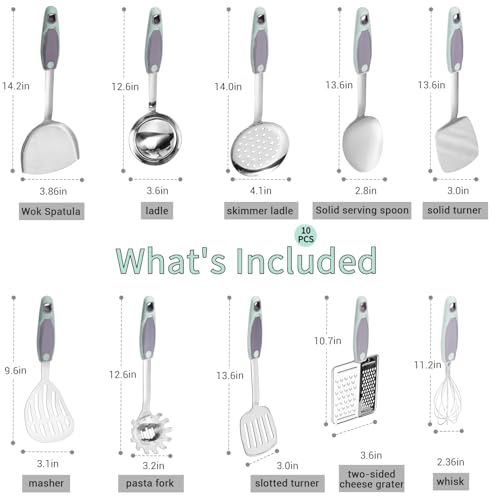 10 PCS Cooking Utensils Set, Stainless Steel Cookware Set With Heat Resistant PP Handle Kitchen Cooking Tools Durable Metal Gadgets Serving Utensils Spoon, Whisk, Ladle - Image 3