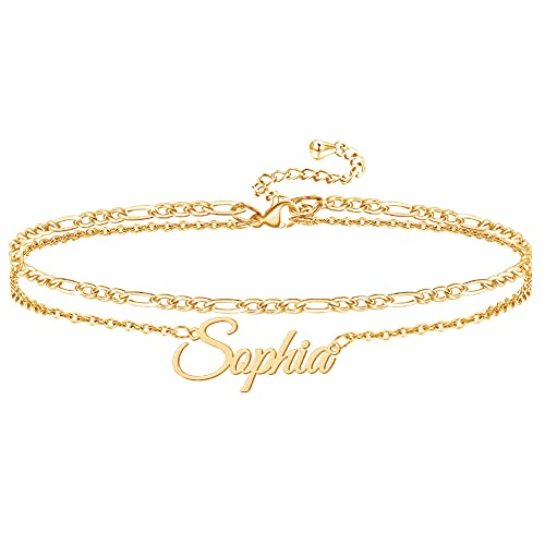 Dreamdecor Layer Name Anklet Personalized for Women, 18K Gold Plated Custom Link Chain Anklet Bracelet Adjustable Beach Bracelet for Women