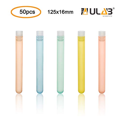 ULAB Plastic Test Tubes with Flange Stoppers, 50pcs of Dia.16x125mm Party Tubes, Assorted