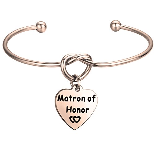 Feelmem Bridesmaid Jewelry Bridesmaid Gifts- Simple Love Knot With Heart-Shaped Engraved Message Charm Bangle Bracelet- Personalized Wedding Wishes Gift For Women Girl(Matron Knot Rg) #TOP2