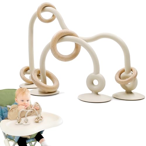 Image of Baby Sensory High Chair Suction Toys for Infant Toddlers 12 18 Months, Food Grade Silicone String with Oak Loop Montessori Educational Parent-Child Baby Bath Toy Gift for Birthday Easter (Beige)