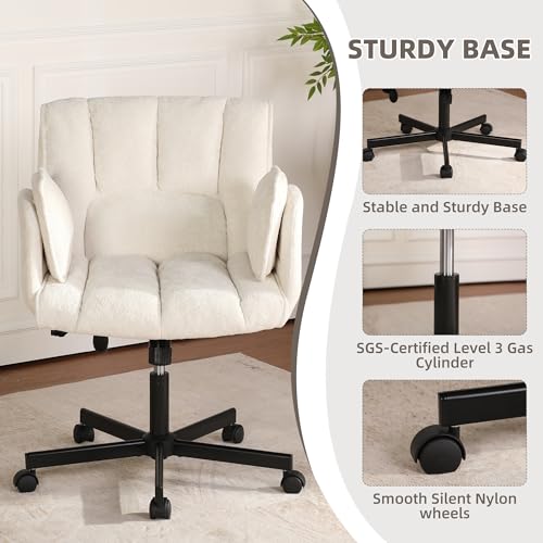 Image of Criss Cross Chair with Wheels & Outward-Folding Arms, Cross Legged Office Chair, Built-in Dynamic Airbag Lumbar Support, Wide Seat Desk Chairs for Home Office, Apartment, Vanity, Beige