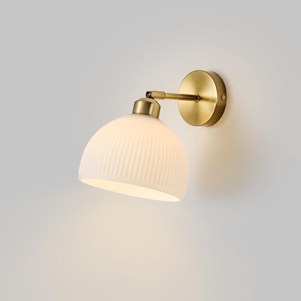 HUAYUSEDF Nordic Ribbed Milky White Glass Bedroom Wall Sconce Adjustable Up Down 240° Modern Hallway Brushed Gold Light Fixture Mid Century Metal Mounted Lamp for Living Room Aisle Bedside