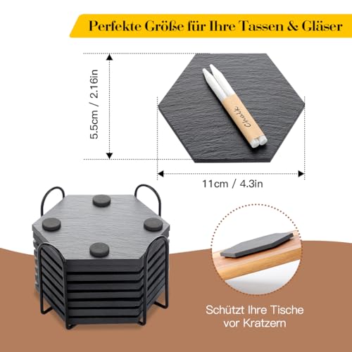 Schiefer Untersetzer für Gläser 8er Set, 11cm Sechseck Getränkeuntersetzer mit Halter, Glasuntersetzer Tischuntersetzer, kratzfester Unterseite für Bar, Küche, Heimdekoration