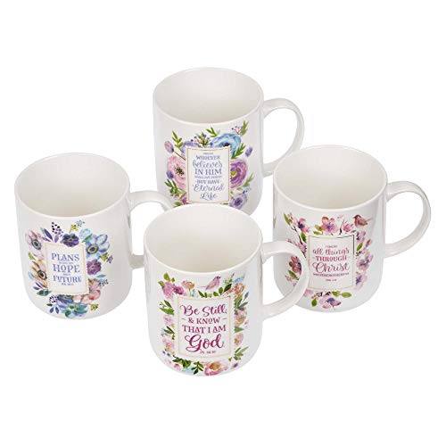 Christian Art Gifts Ceramic Coffee/Tea Mug Set For Women | Inspirational Watercolor Flowers Design Bible Verse Mug Set | Boxed Set/4 Coffee Cups #TOP2