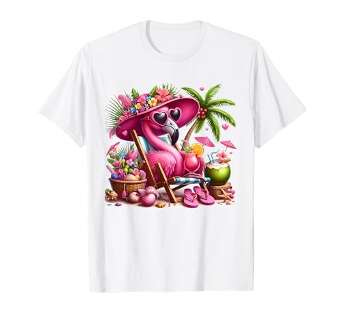 Flamingo Rosa Palmera Tropical Playa Vacaciones de Verano Mujeres Camiseta