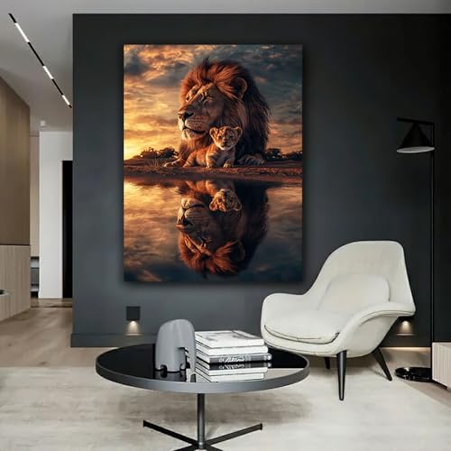 Tableau lion du crépuscule CUDAOO 40x60cm encadré pour salon