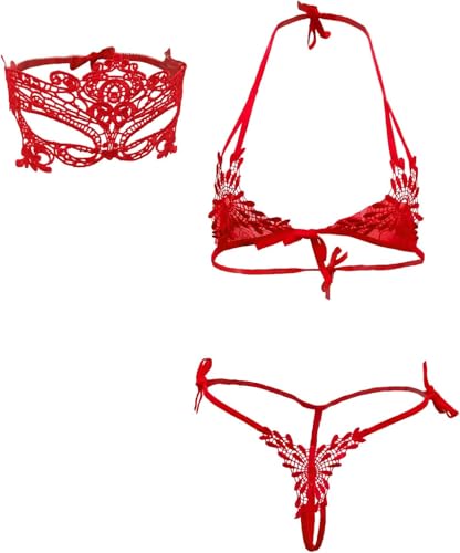 2 piezas Lencería de Encaje Conjunto de Sujetador y Panty mujer Micro Bikini Sexy Mini Sujetador Pequeño Top Halter Babydoll Minúsculo con Antifaz de Encaje para Sesión de Fotos de Fiesta (Rojo)