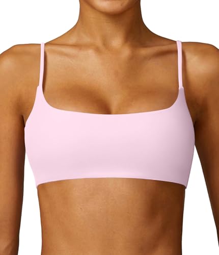 Comper Womens Sports Bra with Thin Straps Stretchy Wirefree Workout Bras Lightweight Workouts Bralette with Removable Pads (Light Pink-M)