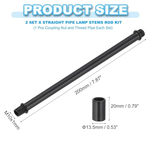 Image of PATIKIL Straight Pipe Lamp Stems Rod Kit, 2 Set M10 Carbon Steel 200mm(7.87 inch) Long Double End Thread Rod with Coupling Nuts Sleeve Connector for Table Lamps Chandeliers,Black