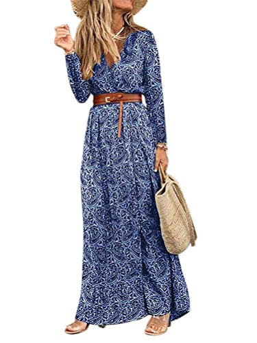 Onsoyours Chiffon Kleid Damen Langarmkleid Hohe Taille Casual Blumenmuster Langarm Kleid Sommerkleider Strandkleider Mit Gürtel B Dunkelblau L