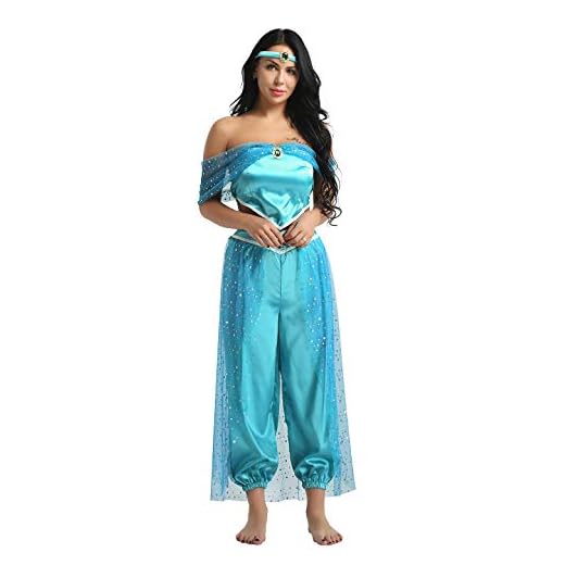 MSemis Disfraz Princesa Jazmín para Mujer Cosplay Lámpara Aladino Traje Princesa Árabe Turquía India Conjunto Danza Oriental Disfraz Carnaval Despedida Azul XXL