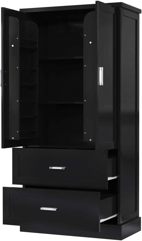 Black Kitchen Pantry Storage Cabinet - Versatile Pantry with Adjustable Shelves, Ample Storage, and Anti-Tipping Device