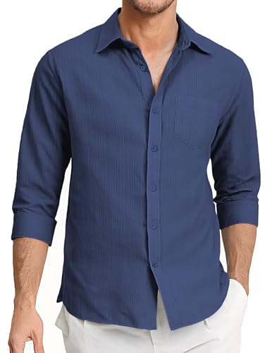 Aro Lora Homme Chemise Lin Manches Longues Été Coton Chemises Regular Casual Chemise de Plage Regular Fit Chemise à Rayures Jacquard Bleu Marine XXL