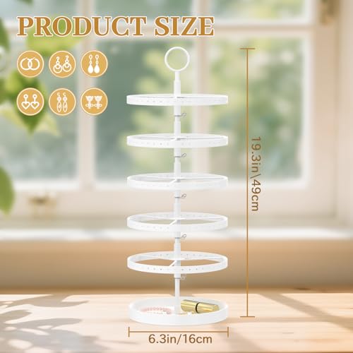 Image of MODOWEY 5 Tier Rotating Earring Holder Organizer, Adjustable Display Tree with Metal Tray, 220 Holes Jewelry Rack for Pierced Stud Hoop Dangle, Large Capacity Space-Saving Stand for Women (White)
