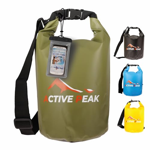 Active Peak® Sacca Stagna Impermeabile Roll‑Top 2L/5L/10L/20L – Ultra‑Resistente con Tracolla, Ideale per Spiaggia, Barca & SUP + Custodia Smartphone Impermeabile (Verde, 20 litri)