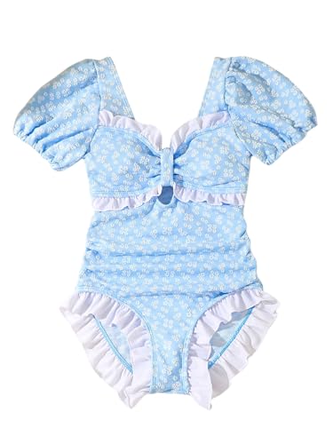 OYOANGLE Girl's One Piece Swimsuits Cute Floral Short Sleeve Ruffle Bathing Suits Beachwear