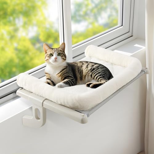 GUUSII HOME Hamaca Cama Gato Ventana para Amaca Camita Gatos Colgante de Interior Grande Ajustable Fácil de Montar y Mover Durable Sin Taladro Sin Succión 63 * 38cm Soporta hasta 18kg(Blanco,L)