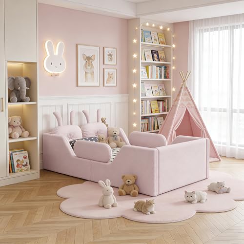 Image of Twin Size Kids Floor Bed Frame, Upholstered Montessori Platform Bed W /Removable Rails Cute Daybed Frame for Girls Boys, No Box Spring Required,Pink