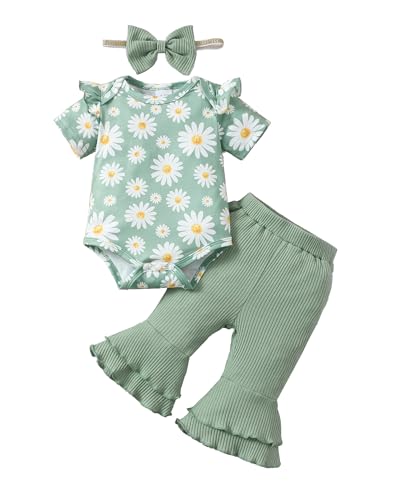 Image of SUNNY PIGGY Baby Girl Clothes Newborn Outfits Ruffle Floral Romper Flared Pants 3Pcs for Infant 0 3 6 9 12 18 24 Months