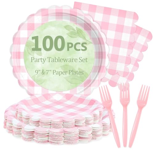 Image of 100 Pink Gingham Paper Plates&Napkins Disposable for Party, 25-9 inch&25-7 inch