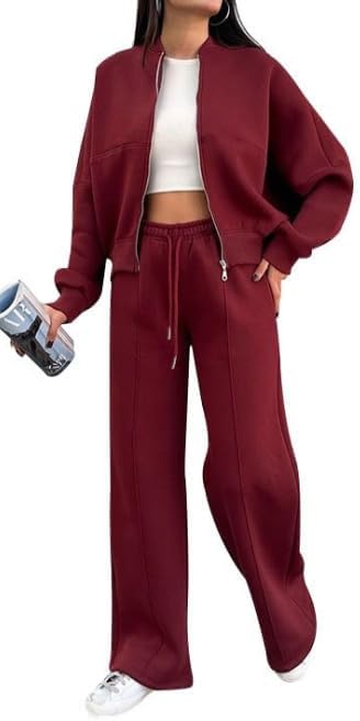 Women's 2 Piece Sweatsuits Set Long Sleeve Zip Up solid color Sweatshirt Wide Leg Sweatpants Lounge Sets