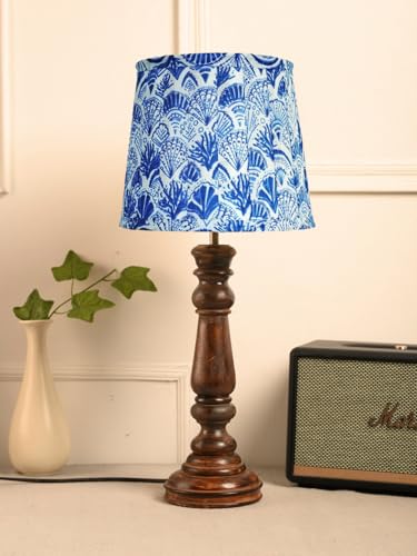 Image of Green Girgit Classic Wooden Lamp in Walnut Brown Color with Pleeted Multiolor Blue Feathers Shade, Vintage Wooden Table Lamp with Feather Print Shade, Decorative Light for Bedroom (LED Bulb Included)