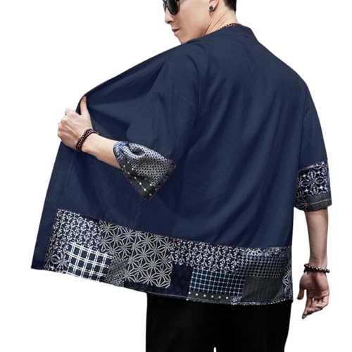 Image of PRIJOUHE Men's Kimono Jackets Cardigan Lightweight Casual Cotton Blends Linen Seven Sleeves Open Front Coat Outwear