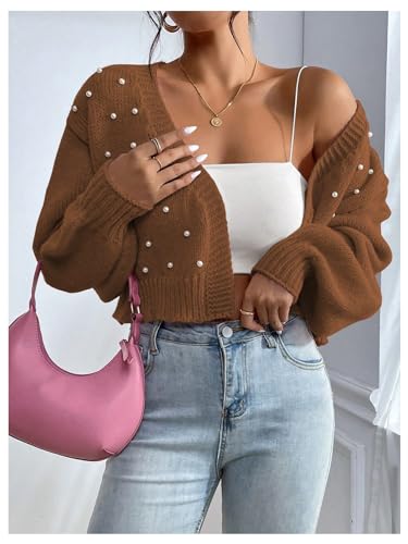 Image of SHENHE Women's Pearl Beaded Open Front Cardigan Oversize V Neck Drop Shoulder Cropped Sweater