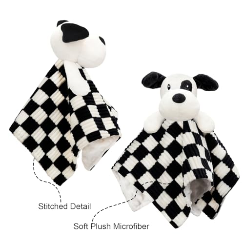 Image of Baby Security Blanket for Boys Girls, High Contrast Super Soft 3D Checkerboard Gingham with Minky Dot Fabric Backing Snuggle Stuffed Animal Blankie Puppy Lovely Black 14 Inch